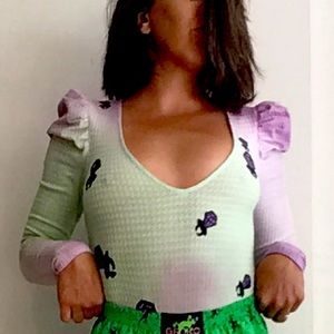 Hand-dyed Hand-painted Leotard with ringpops, puff sleeves green & purple size M